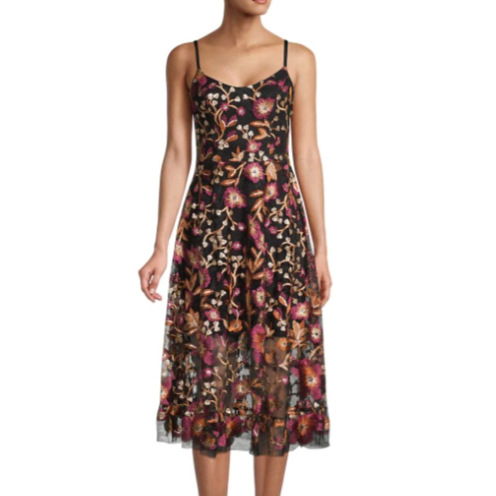 Dress The Population Uma Embroidered Tulle Fit & Flare Dress in Black sz